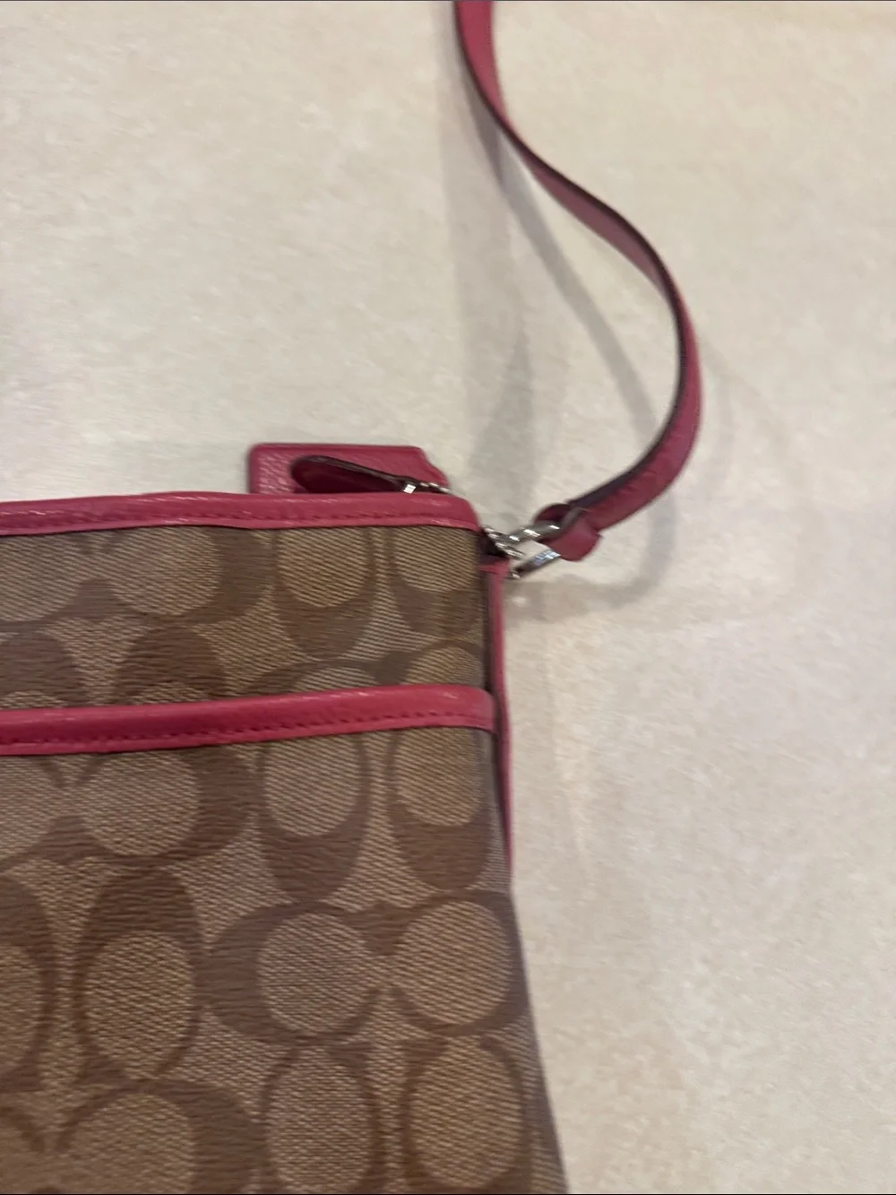 Coach Brown Signature Crossbody with Pink Trim and Strap